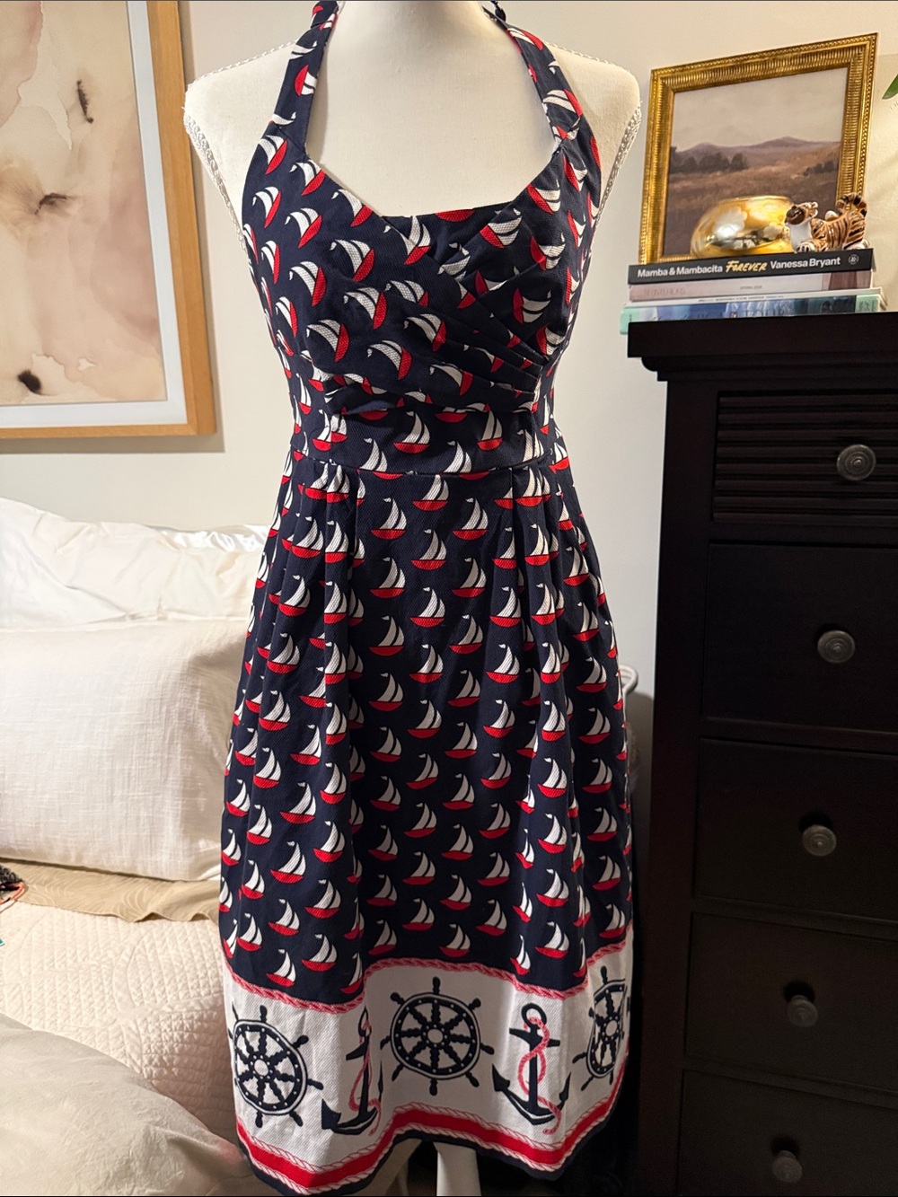 Navy Halter Backless Nautical Sailboat Dress with Red & White Accents